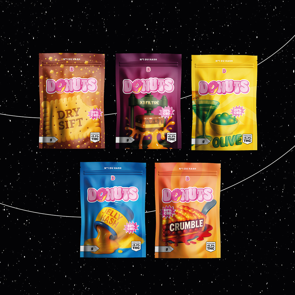 5 pochons de donuts CBD dans l'espace