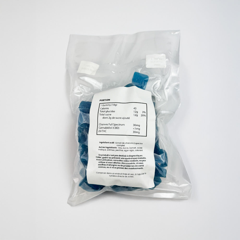 Pochon sous vide de gummies au THC goûts myrtille à 30mg de CBD verso